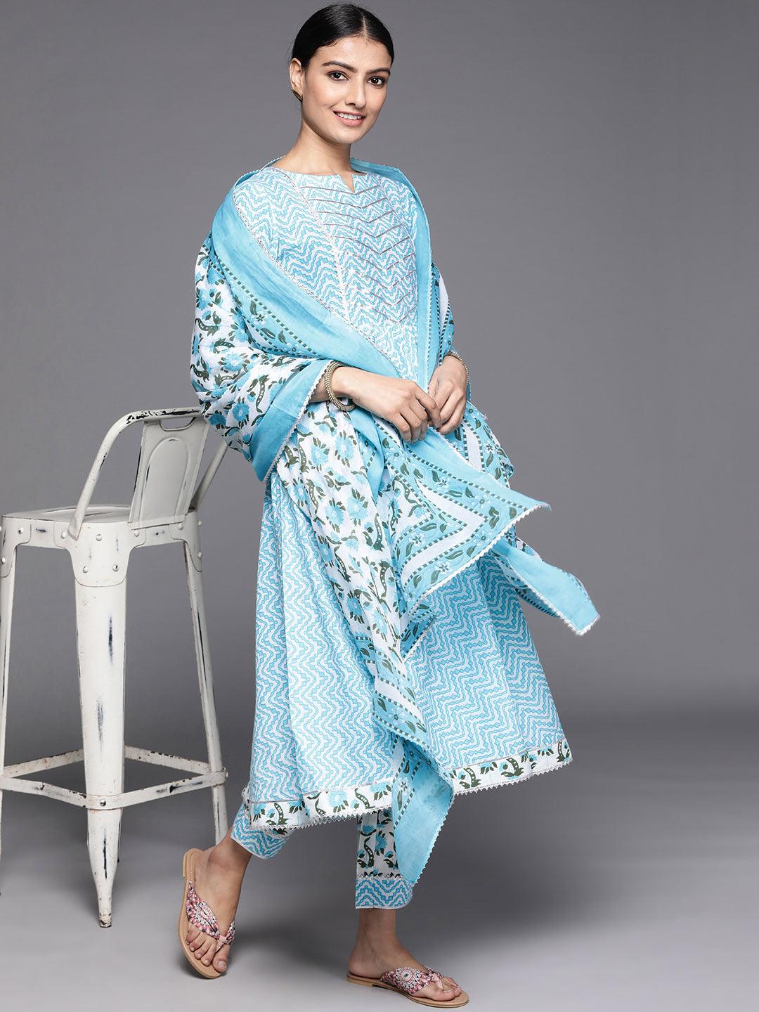 Blue Printed Cotton Anarkali Kurta With Dupatta