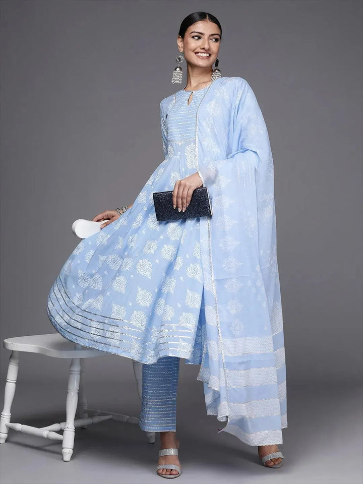 Blue Printed Cotton Anarkali Suit Set - Libas
