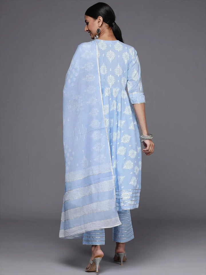 Blue Printed Cotton Anarkali Suit Set - Libas