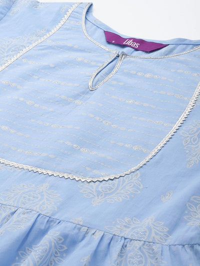 Blue Printed Cotton Anarkali Suit Set - Libas
