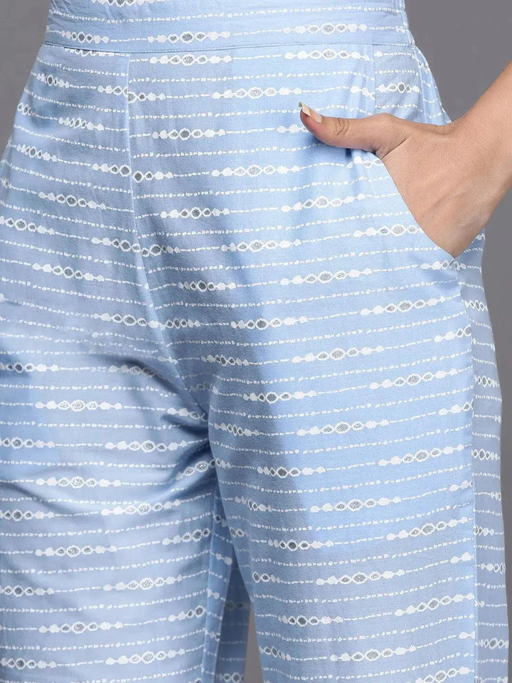 Blue Printed Cotton Anarkali Suit Set - Libas