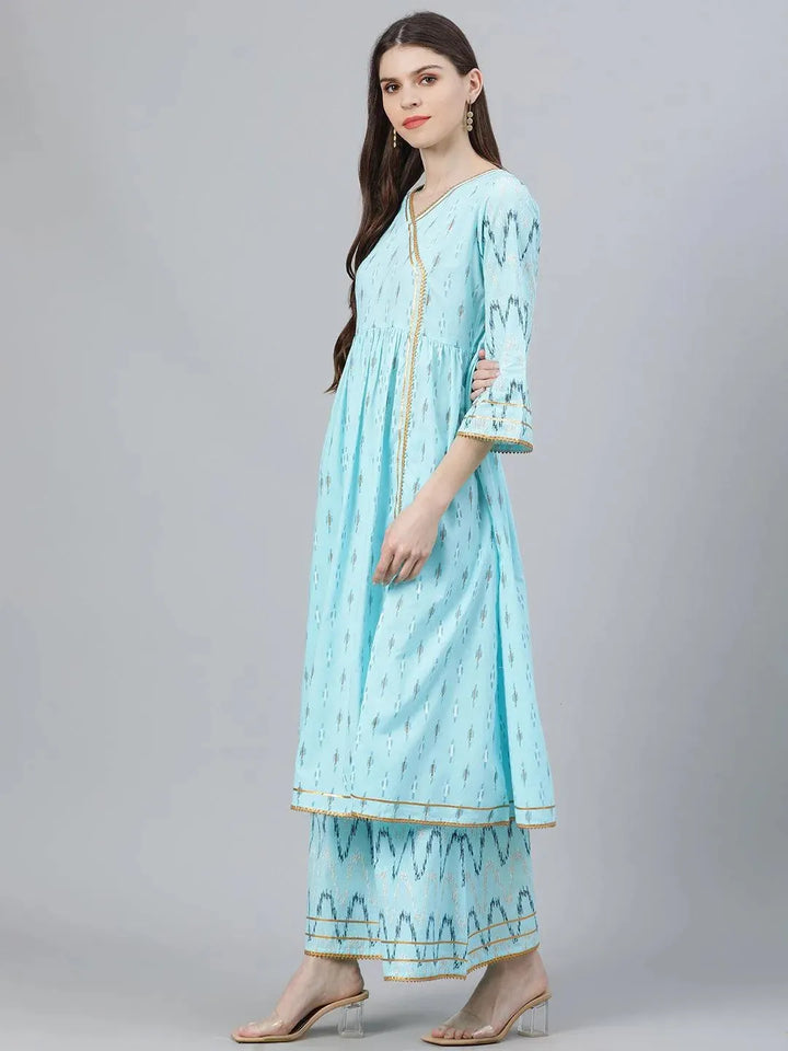 Blue Printed Cotton Suit Set - Libas