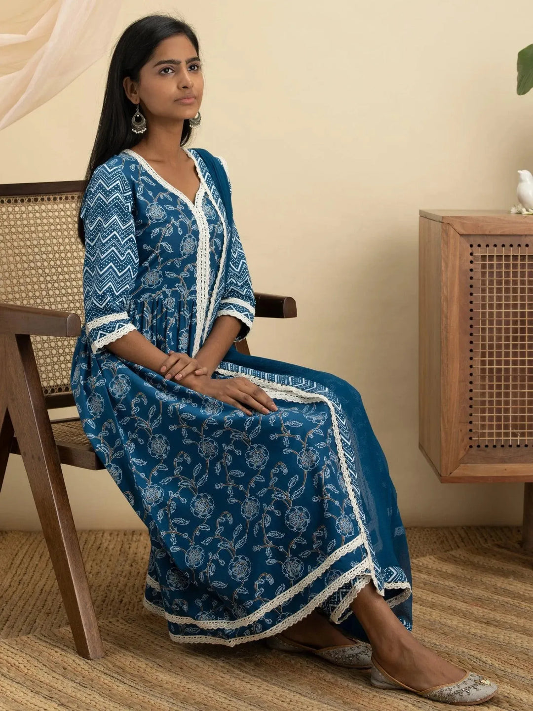 Blue Printed Cotton Suit Set - Libas 