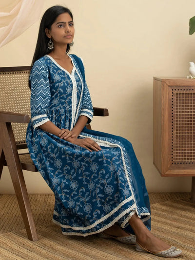 Blue Printed Cotton Suit Set - Libas