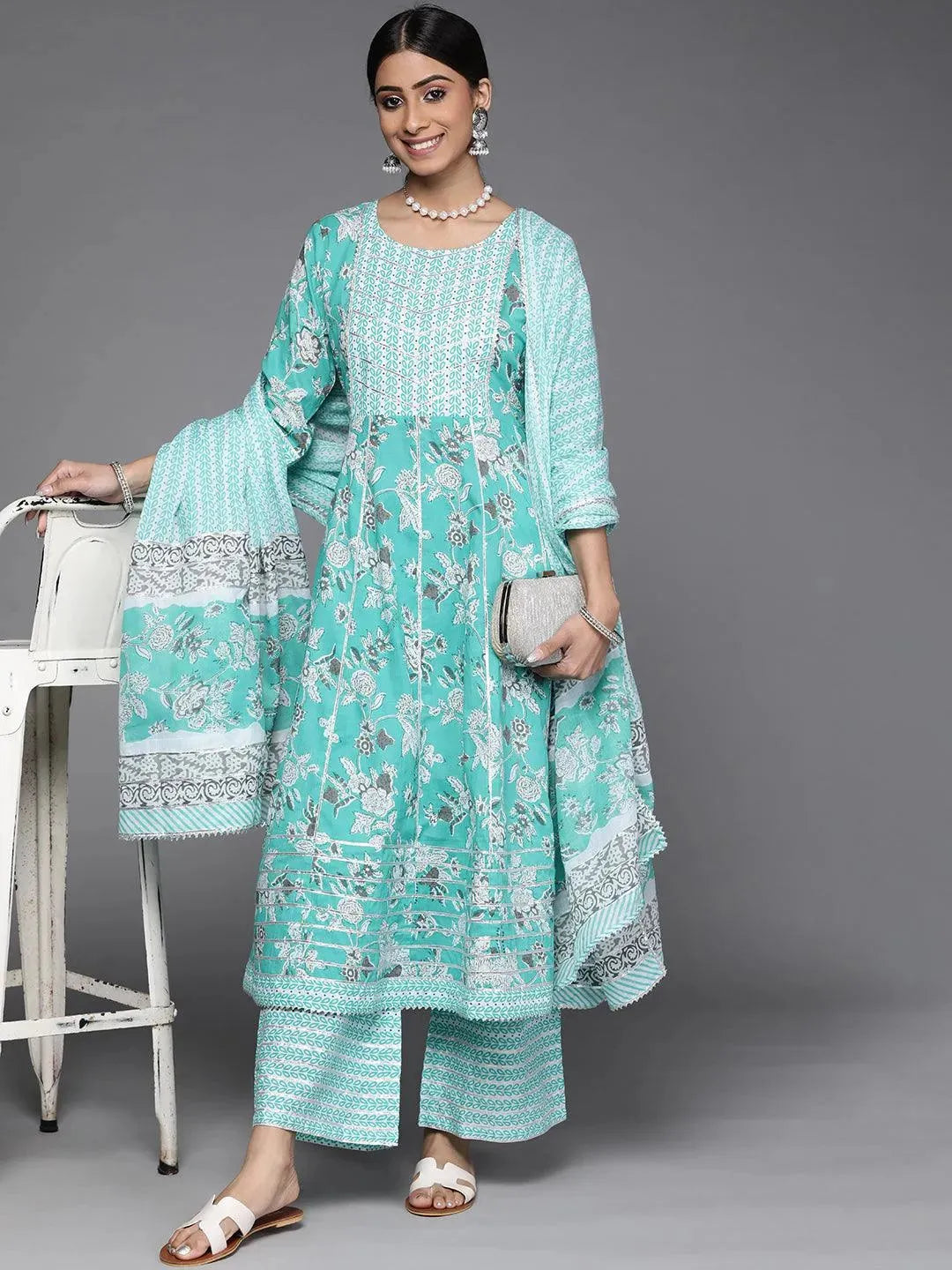 Blue Printed Cotton Suit Set - Libas 