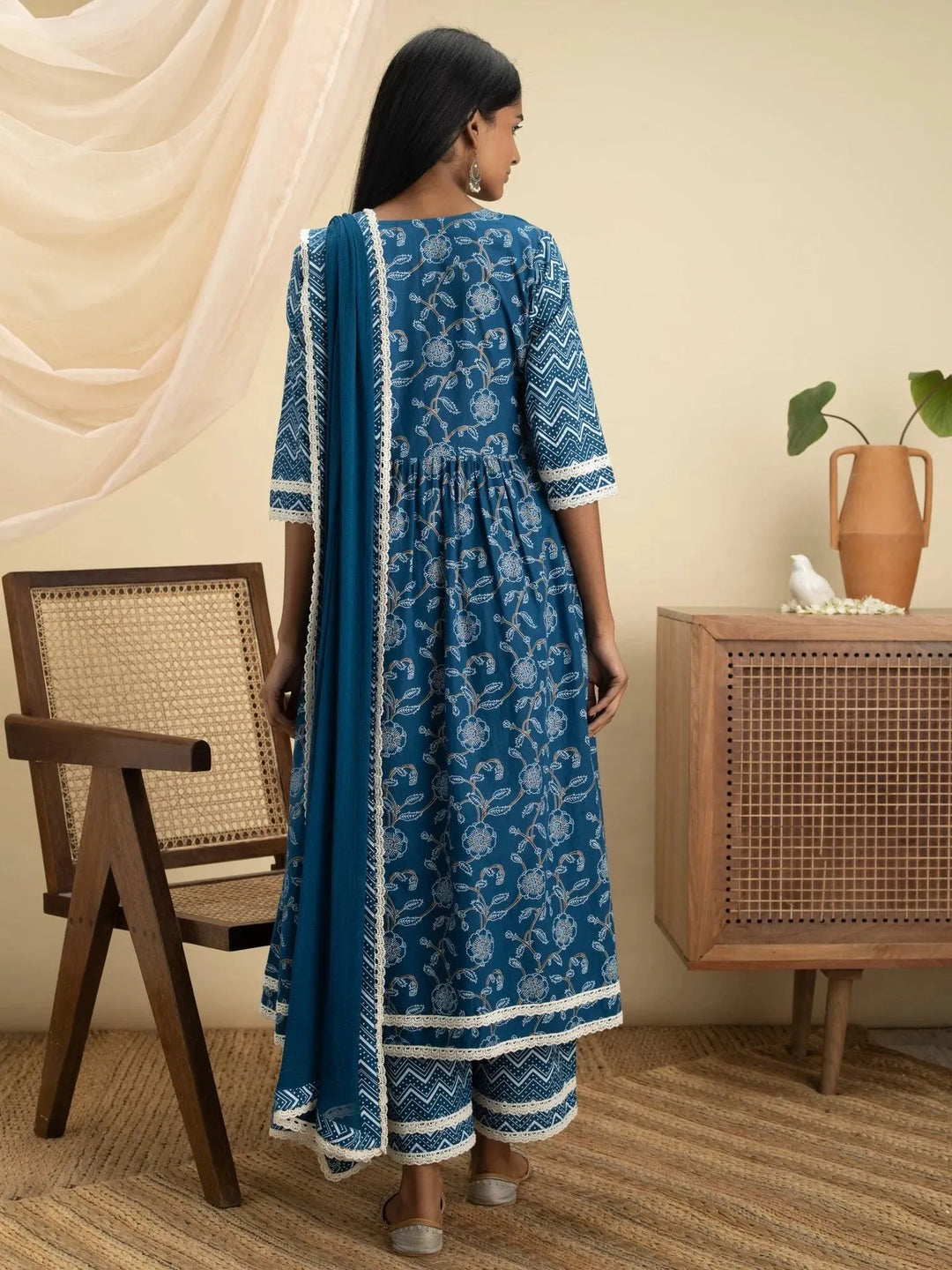 Blue Printed Cotton Suit Set - Libas