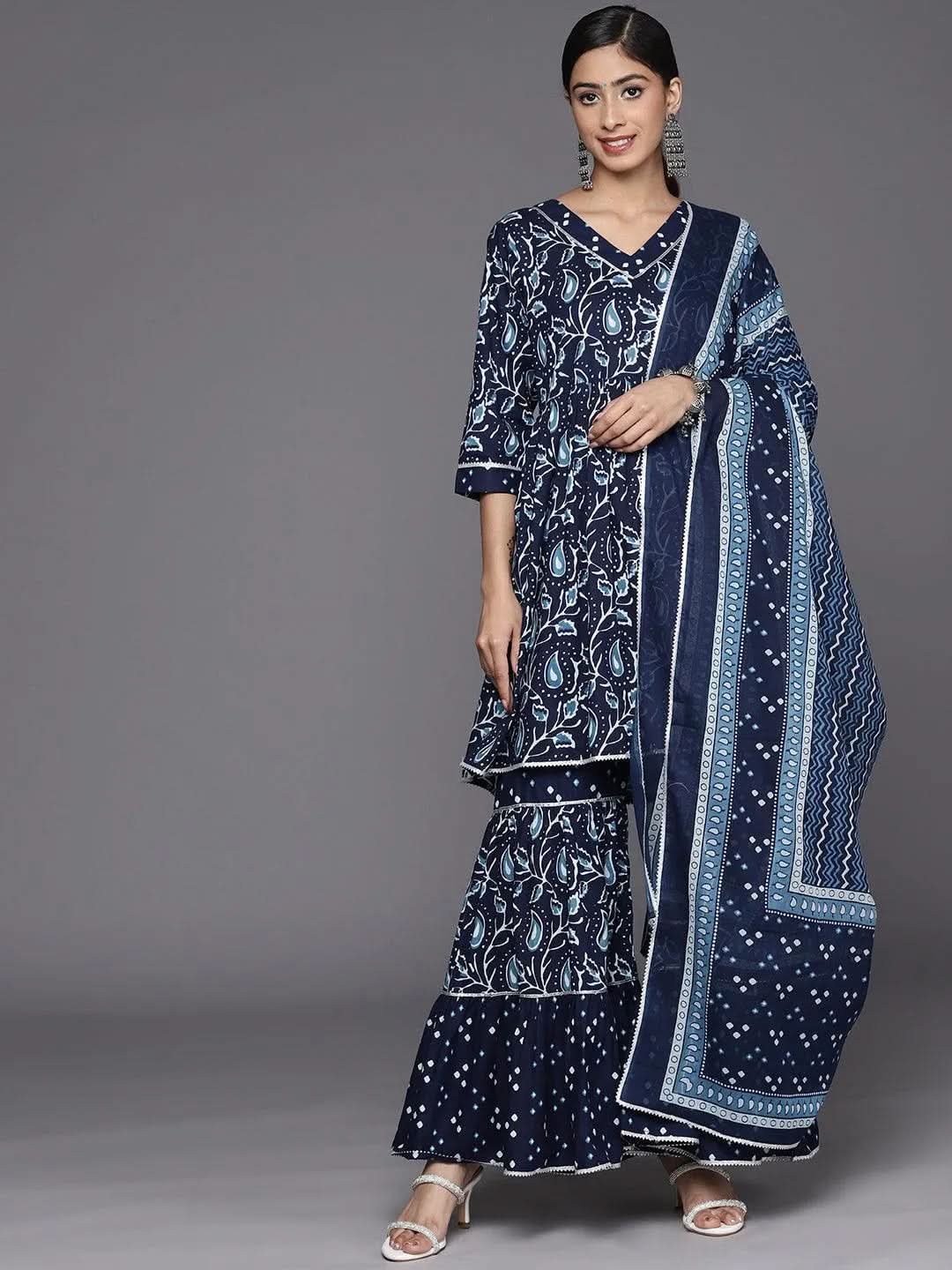 

Blue Printed Cotton Anarkali Sharara Suit Set With Dupatta