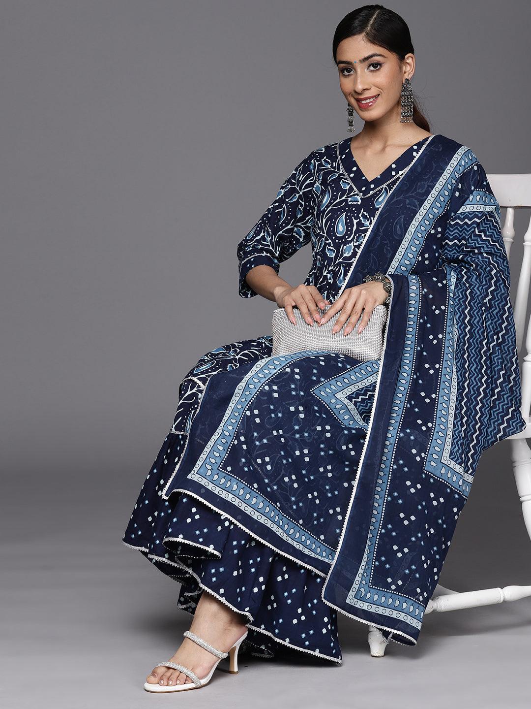 Blue Printed Cotton Anarkali Suit Set With Sharara - Libas