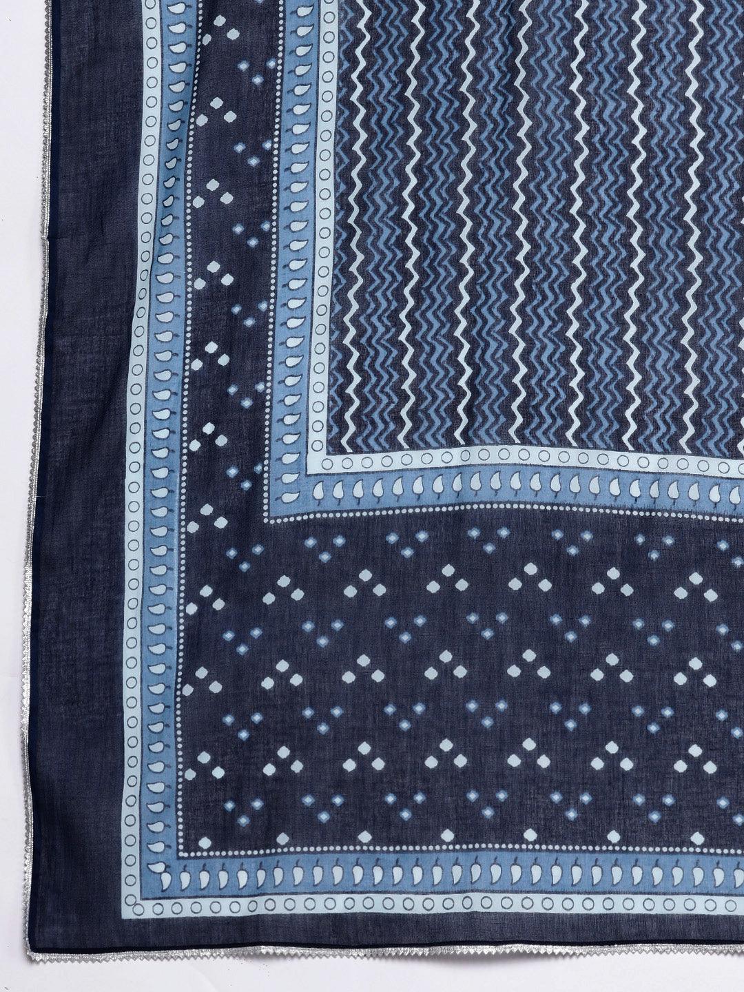 Blue Printed Cotton Anarkali Sharara Suit Set With Dupatta