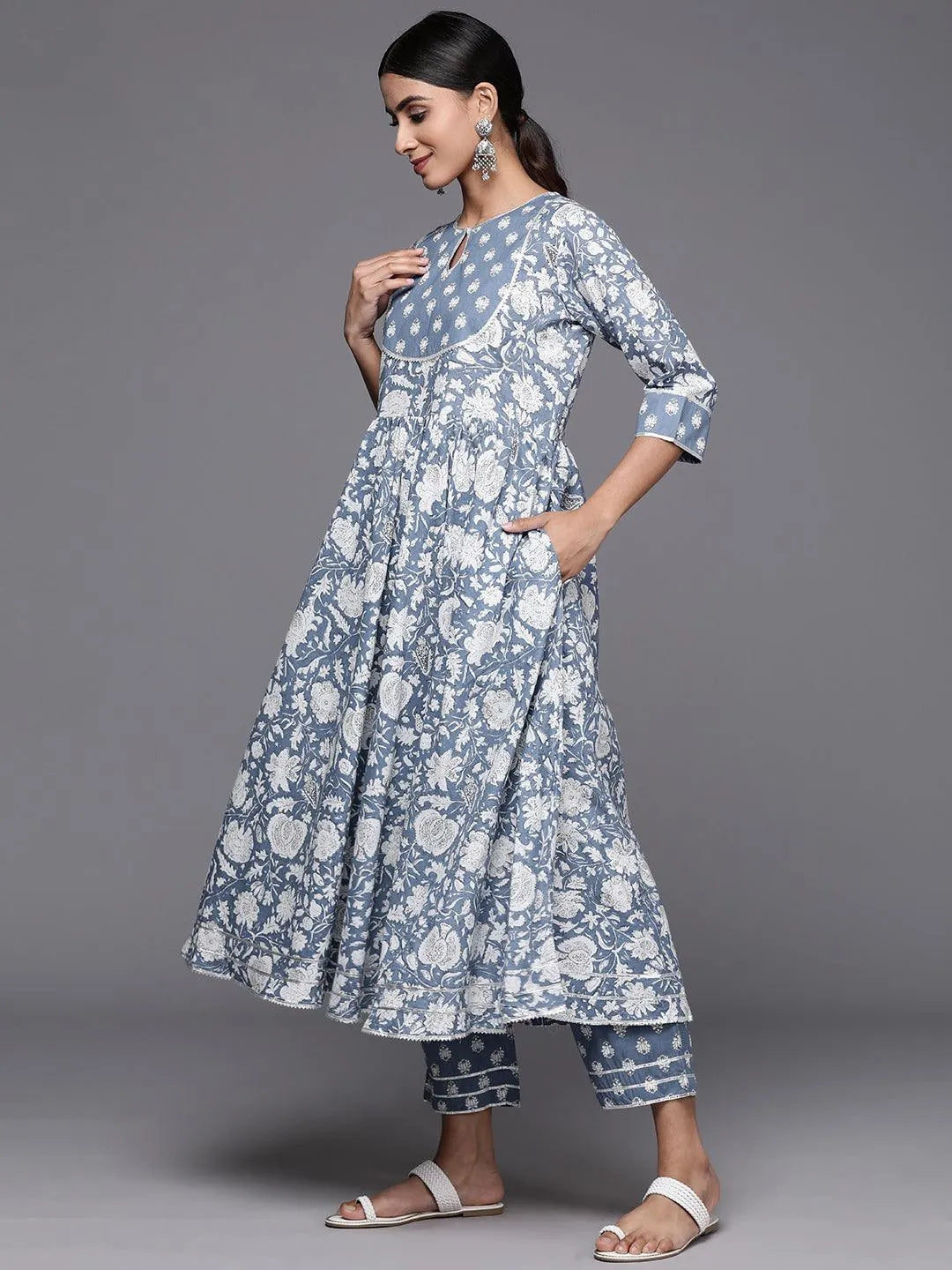 Blue Printed Cotton Anarkali Kurta With Trousers & Dupatta - Libas 