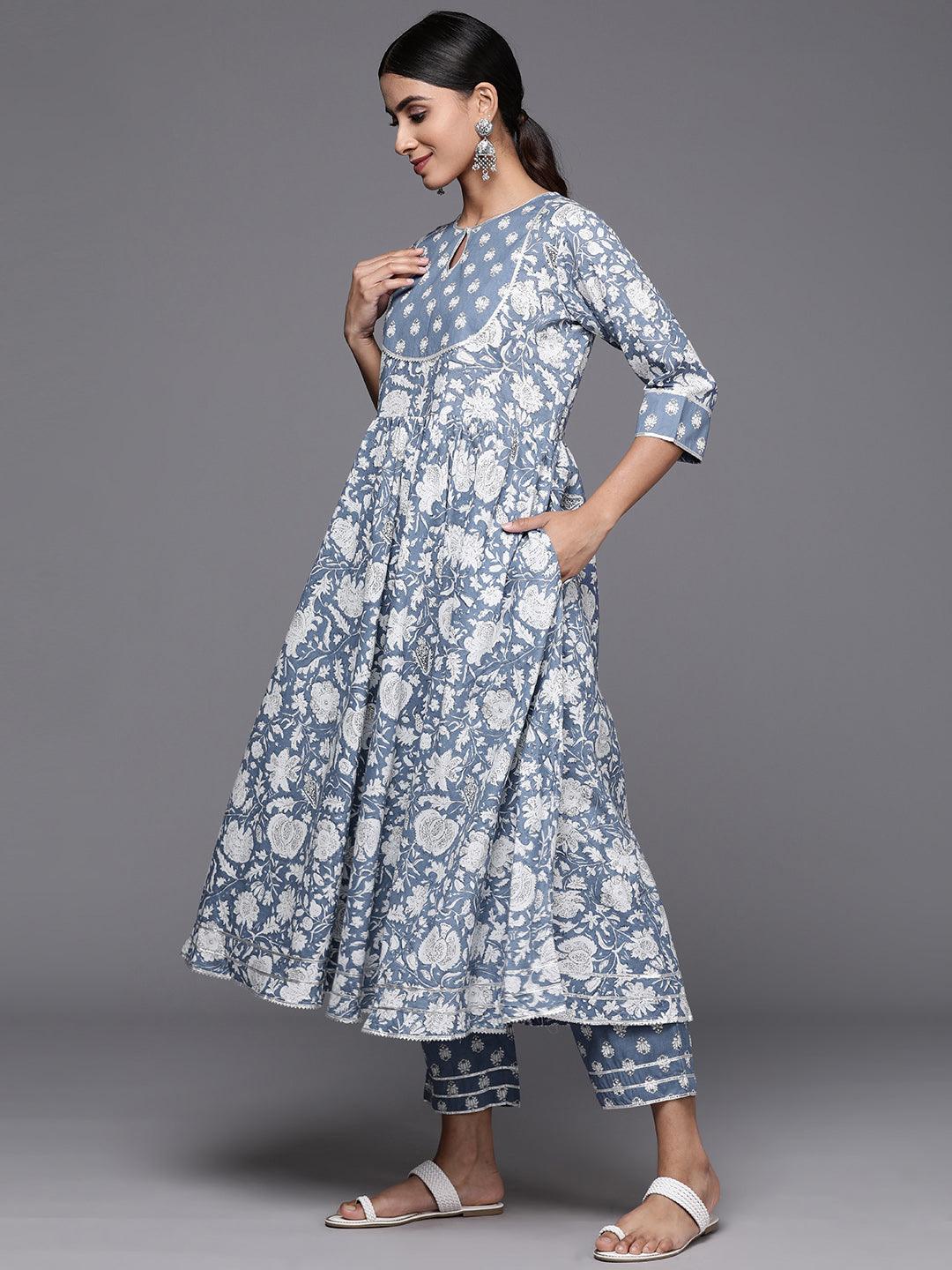 Blue Printed Cotton Anarkali Kurta With Trousers & Dupatta - Libas