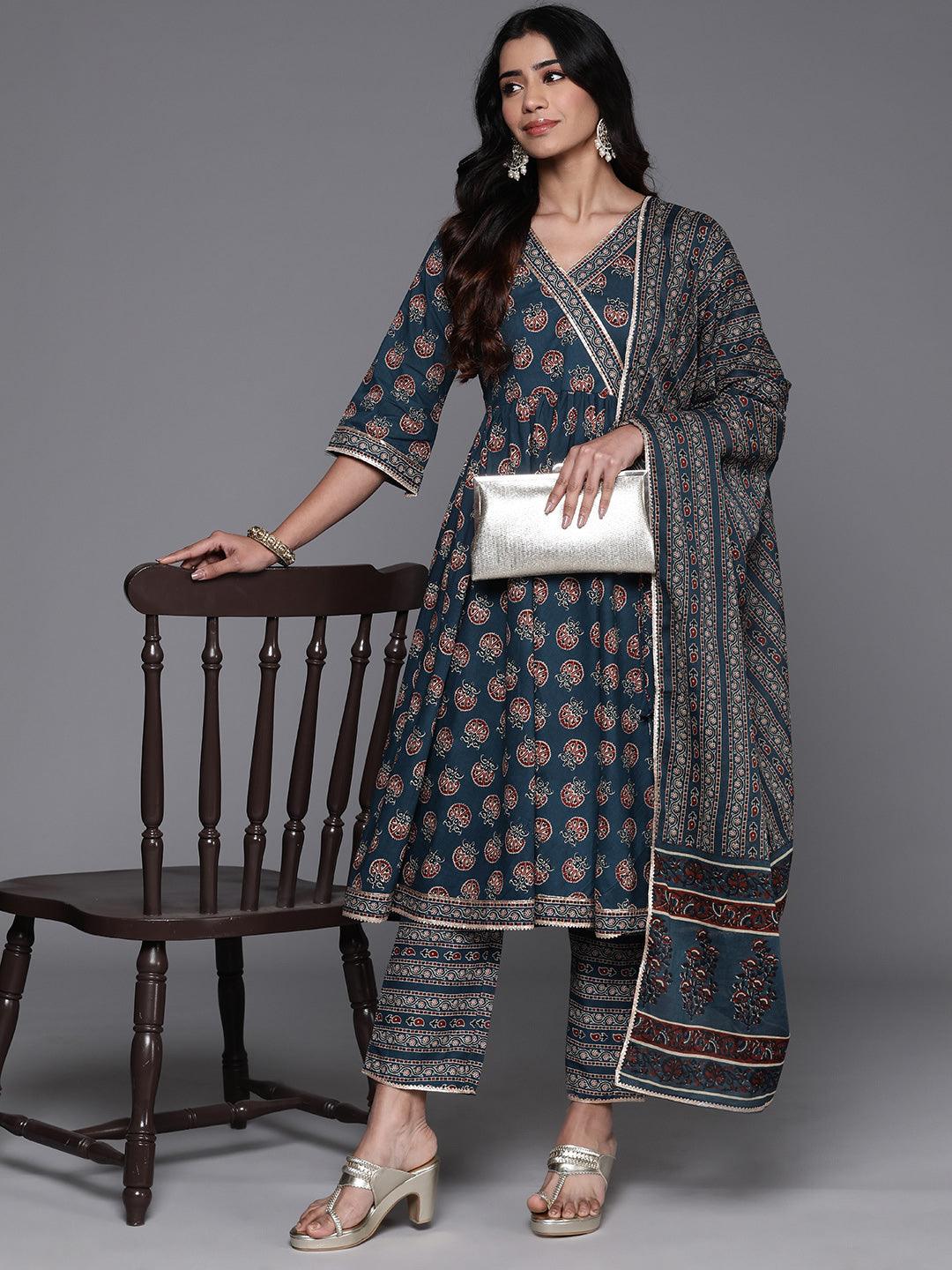 Blue Printed Cotton Anarkali Suit With Dupatta