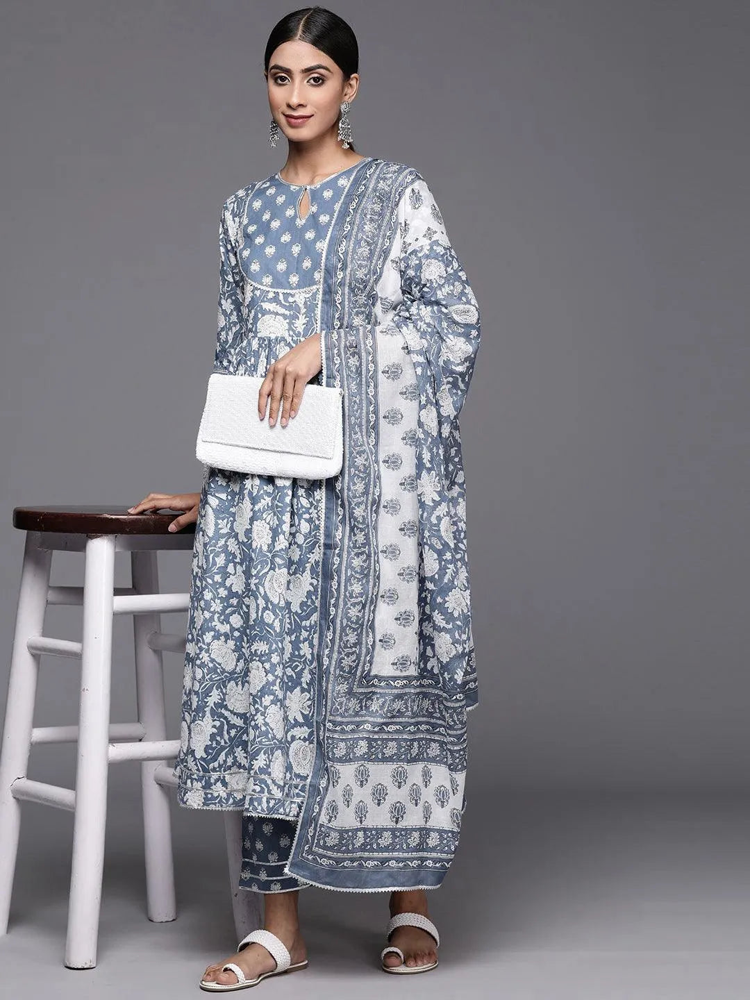 Blue Printed Cotton Anarkali Kurta With Trousers & Dupatta - Libas 