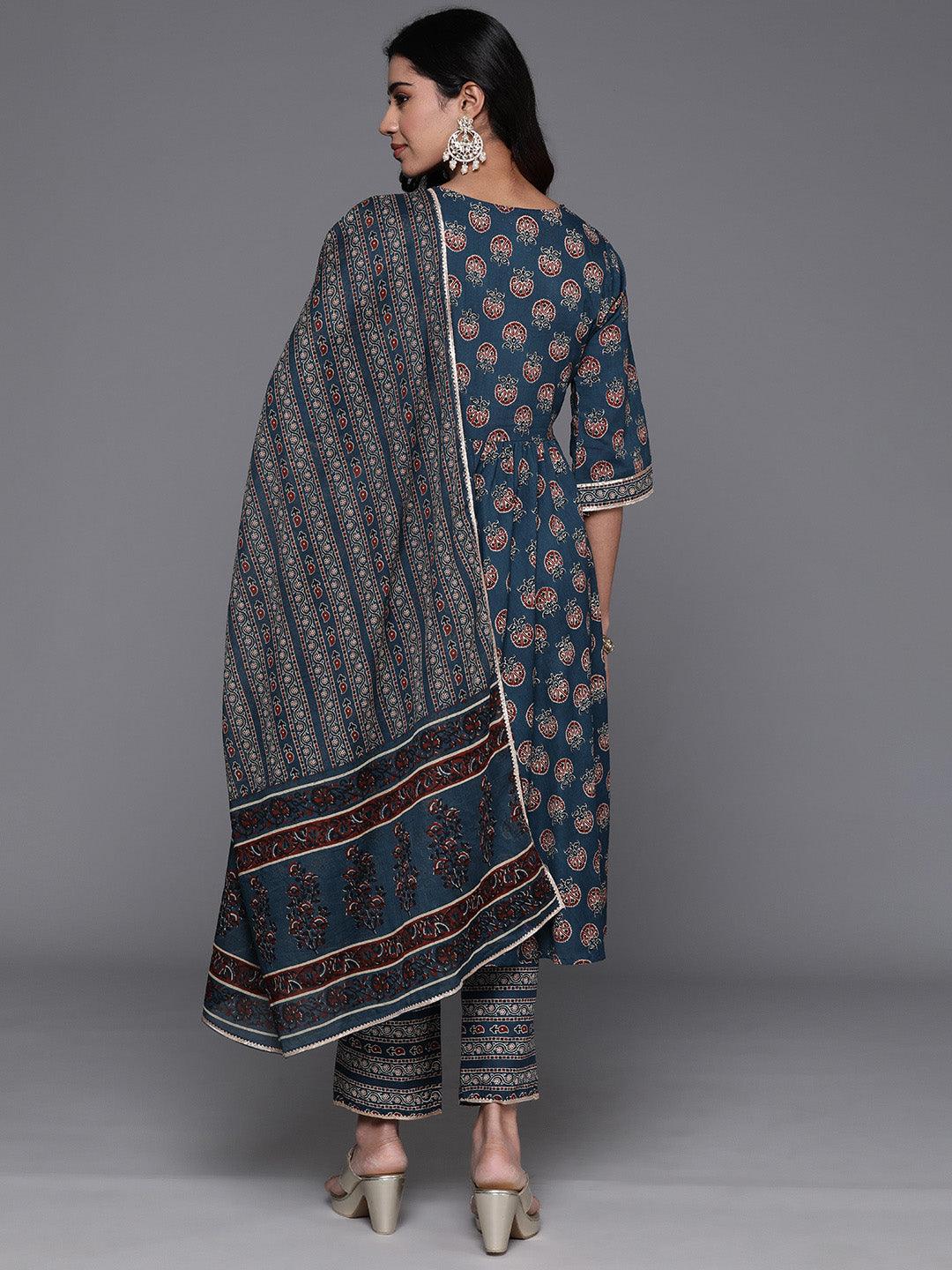 Blue Printed Cotton Anarkali Suit With Dupatta