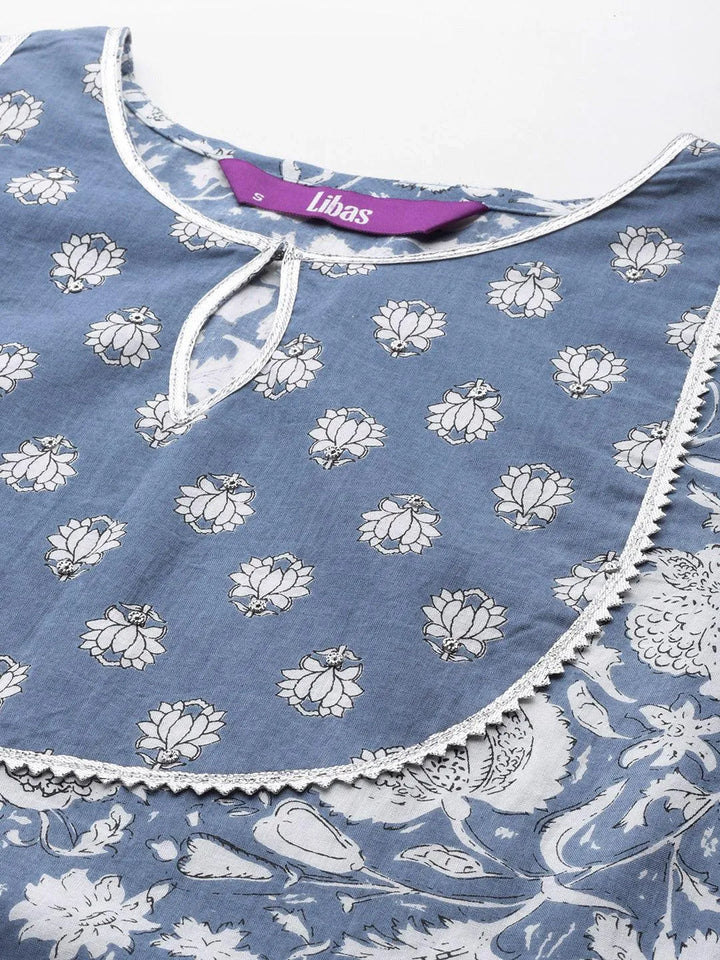 Blue Printed Cotton Anarkali Kurta With Trousers & Dupatta - Libas