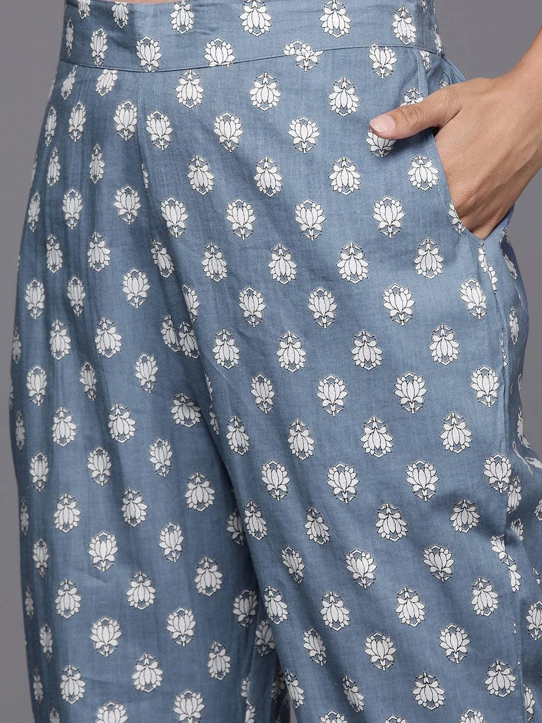 Blue Printed Cotton Anarkali Kurta With Trousers & Dupatta - Libas 