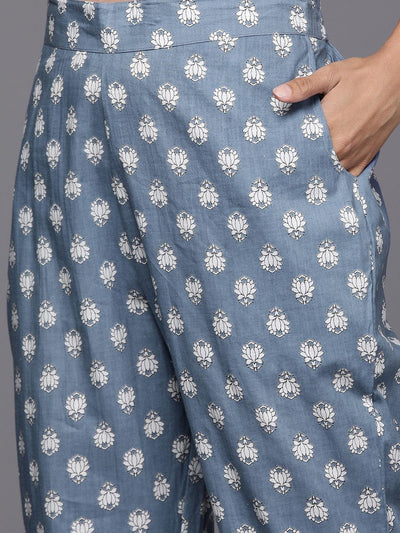 Blue Printed Cotton Anarkali Kurta With Trousers & Dupatta - Libas