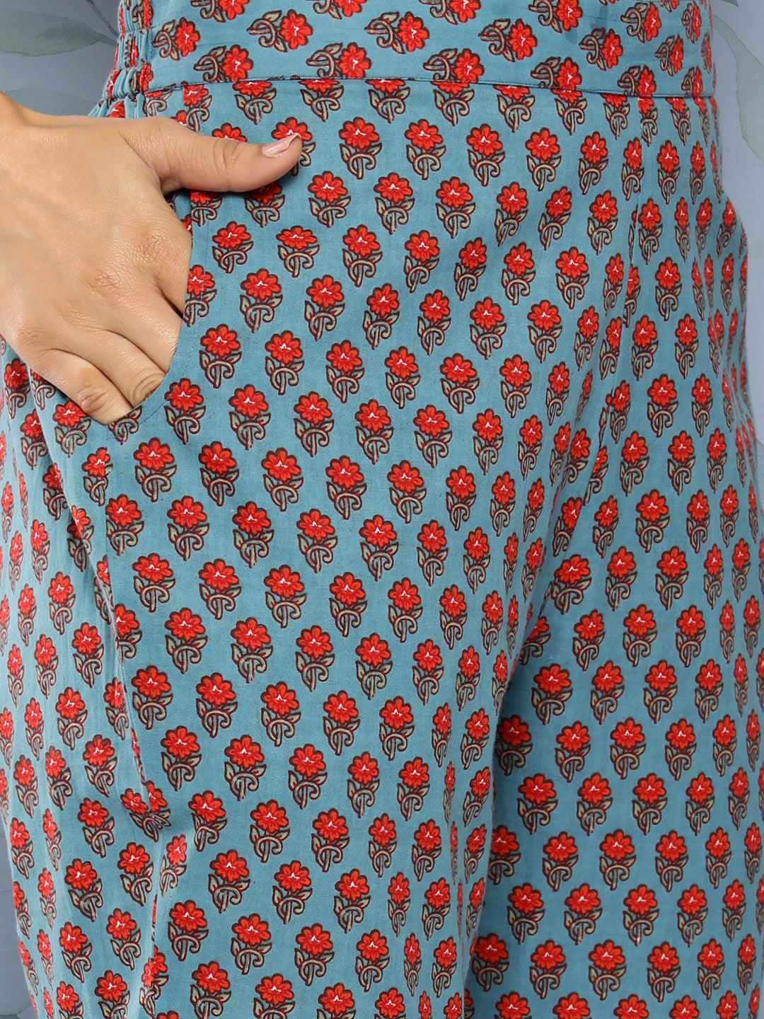 Blue Printed Cotton Anarkali Kurta Set With Trousers - Libas