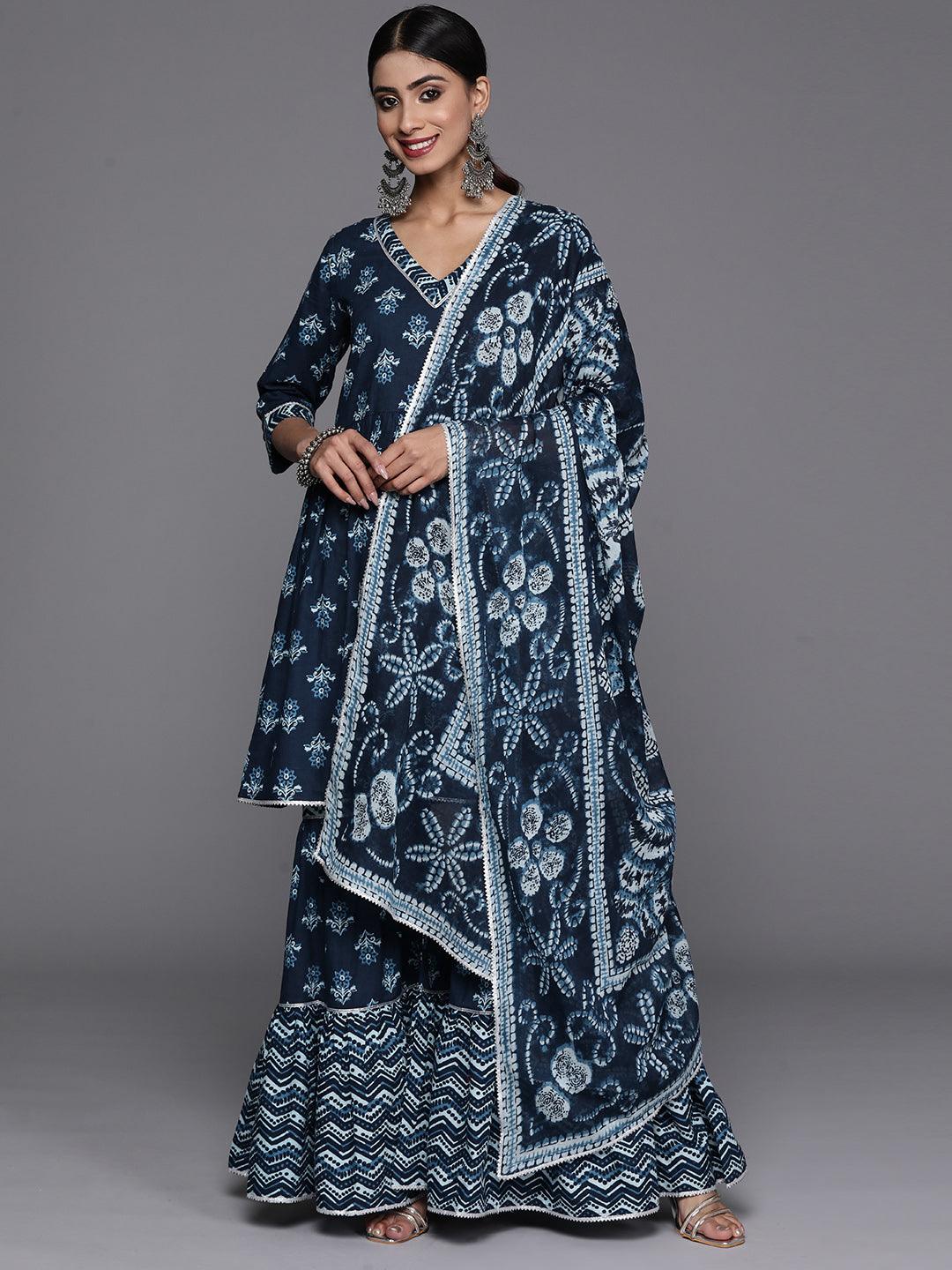 Blue Printed Cotton Anarkali Kurti With Sharara & Dupatta - Libas
