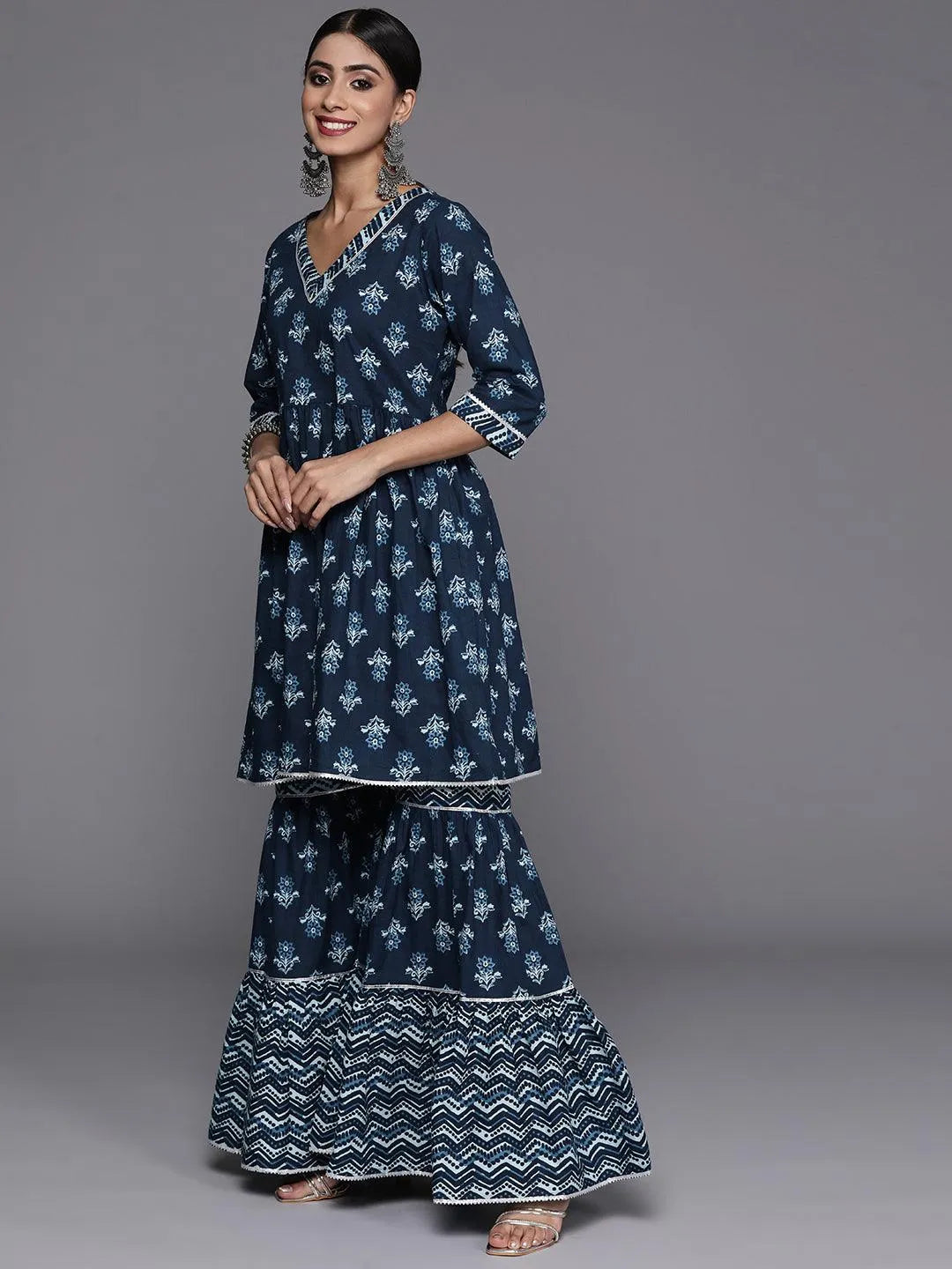 Blue Printed Cotton Anarkali Kurti With Sharara & Dupatta - Libas 