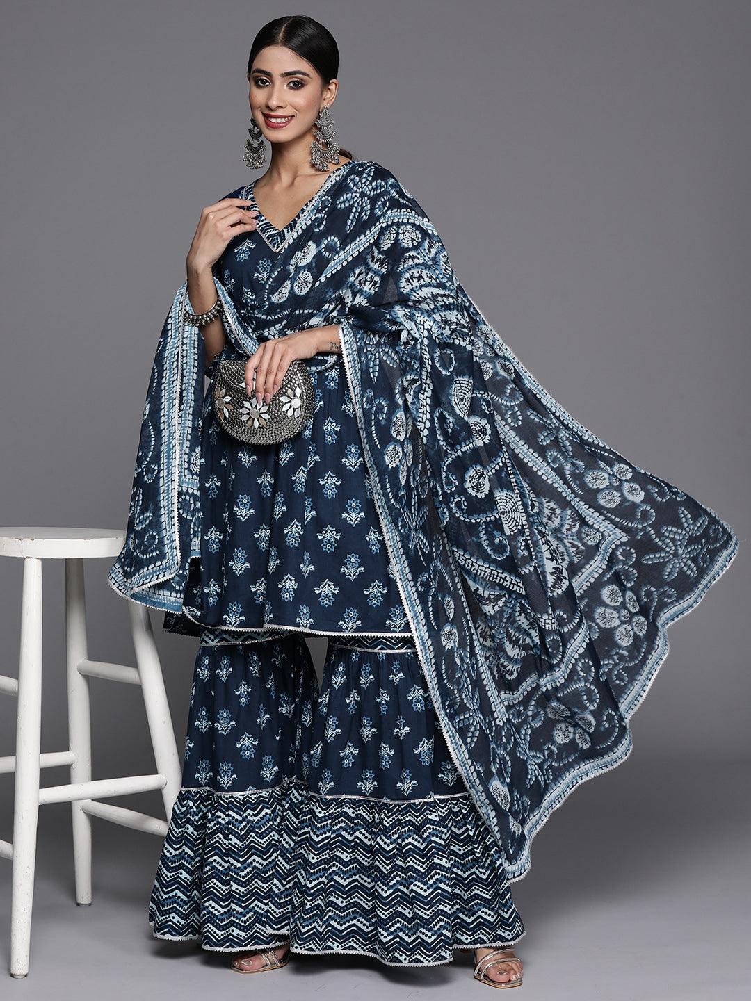 Blue Printed Cotton Anarkali Sharara Suit Set With Dupatta