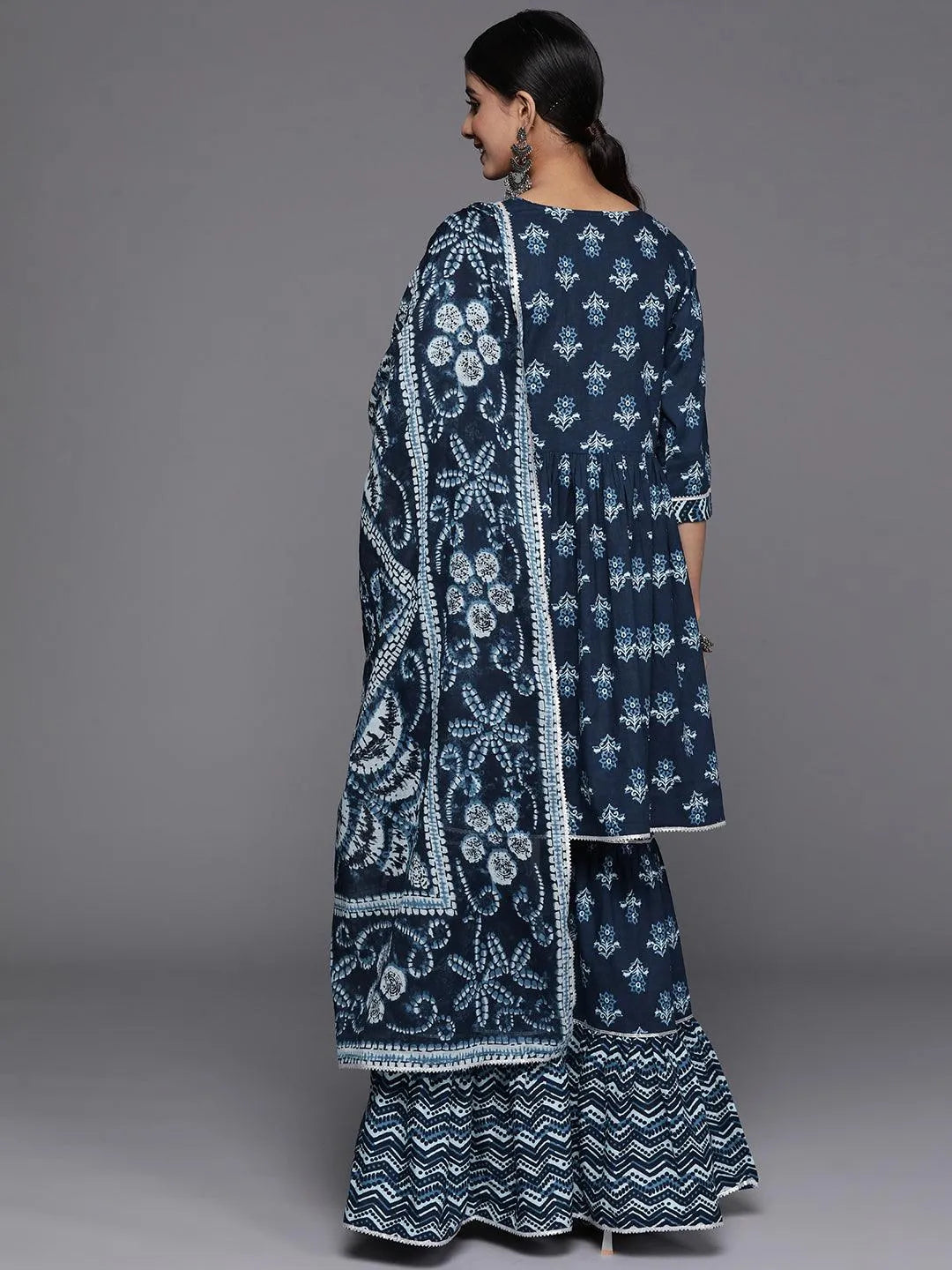 Blue Printed Cotton Anarkali Kurti With Sharara & Dupatta - Libas 