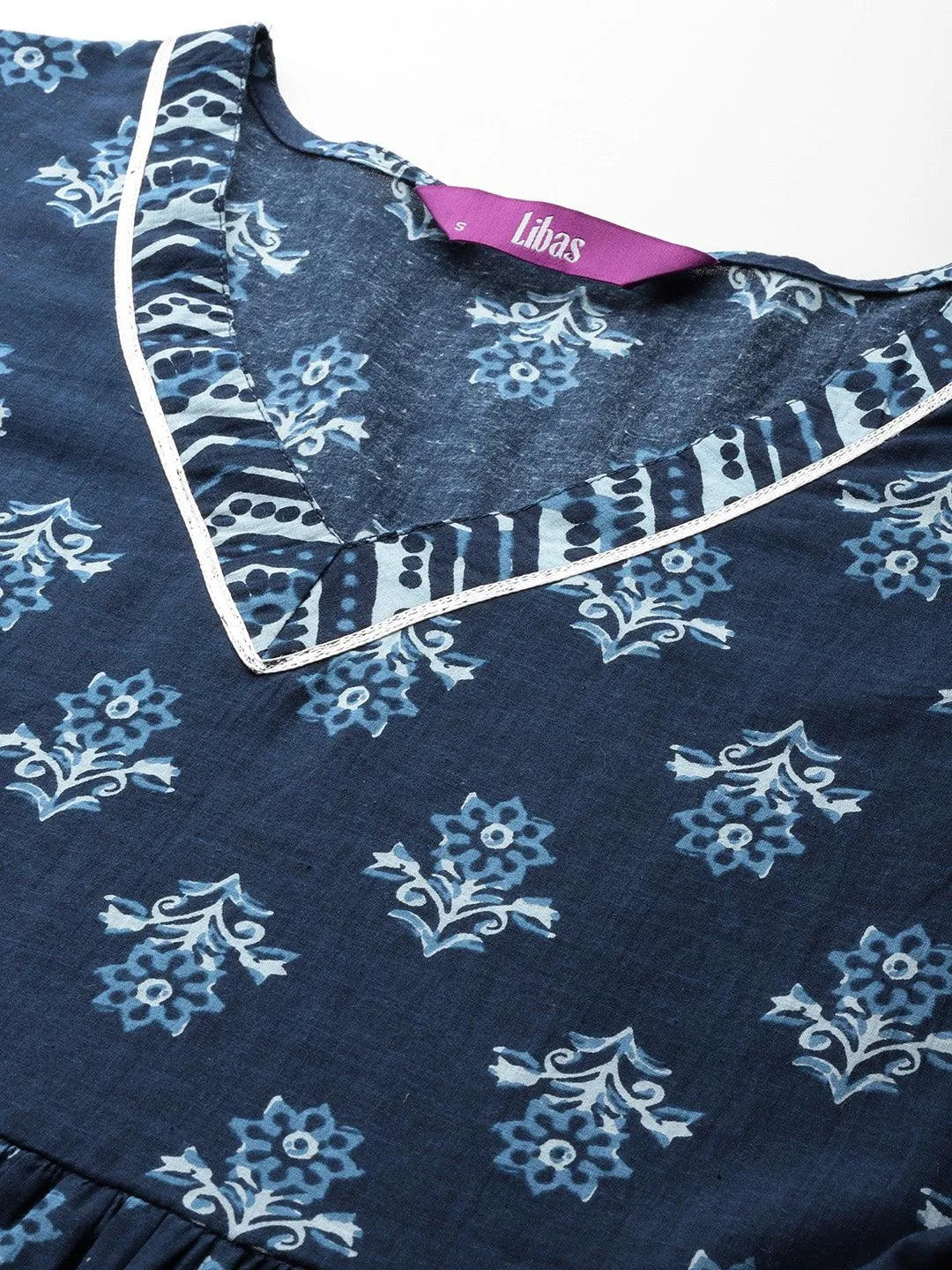Blue Printed Cotton Anarkali Kurti With Sharara & Dupatta - Libas 