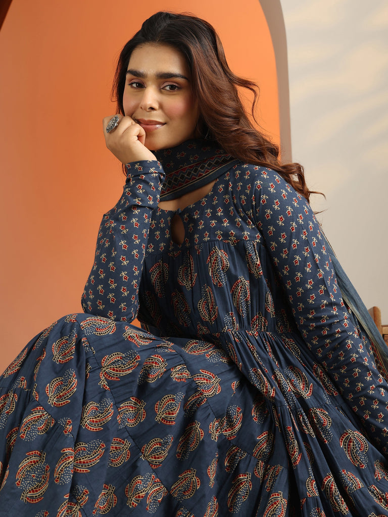 Libas Blue Printed Cotton Anarkali Suit Set With Dupatta