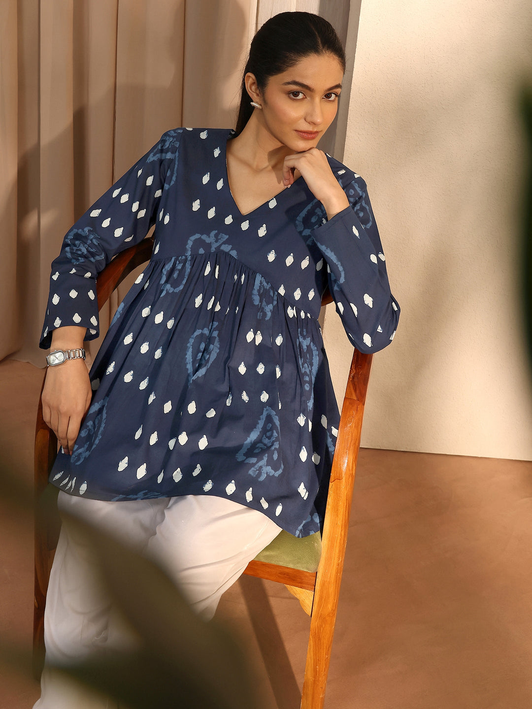 Blue Printed Cotton Blend A-Line Short Kurti