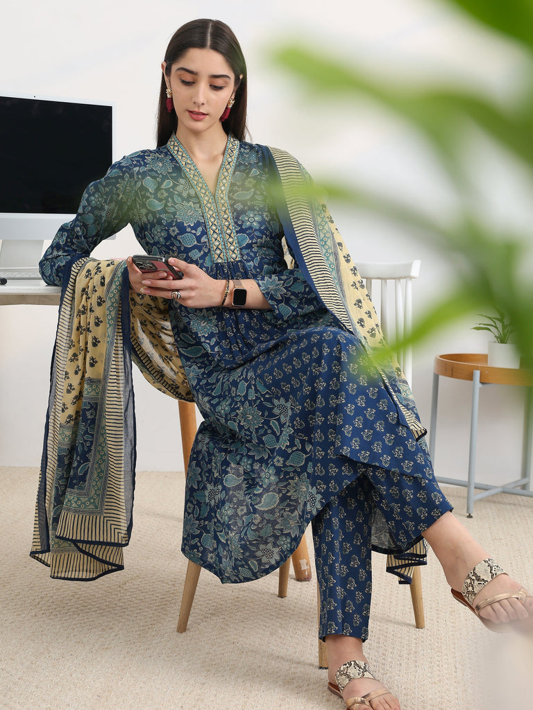 Gerua Blue Printed Cotton Blend A-Line Suit Set With Dupatta