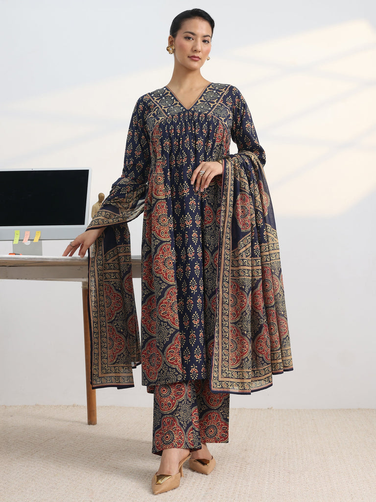 Gerua Blue Printed Cotton Blend A-Line Suit Set With Dupatta