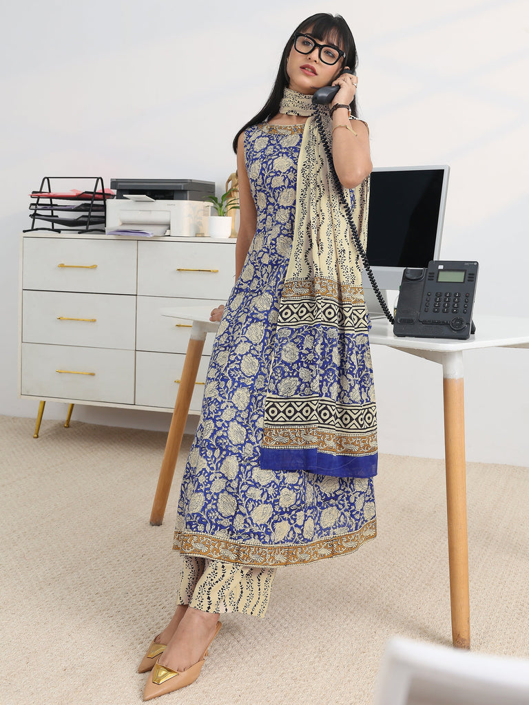 Gerua Blue Printed Cotton Blend Anarkali Suit Set With Dupatta