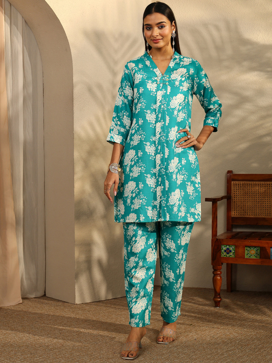  Blue Printed Cotton Blend Co-Ord Set 