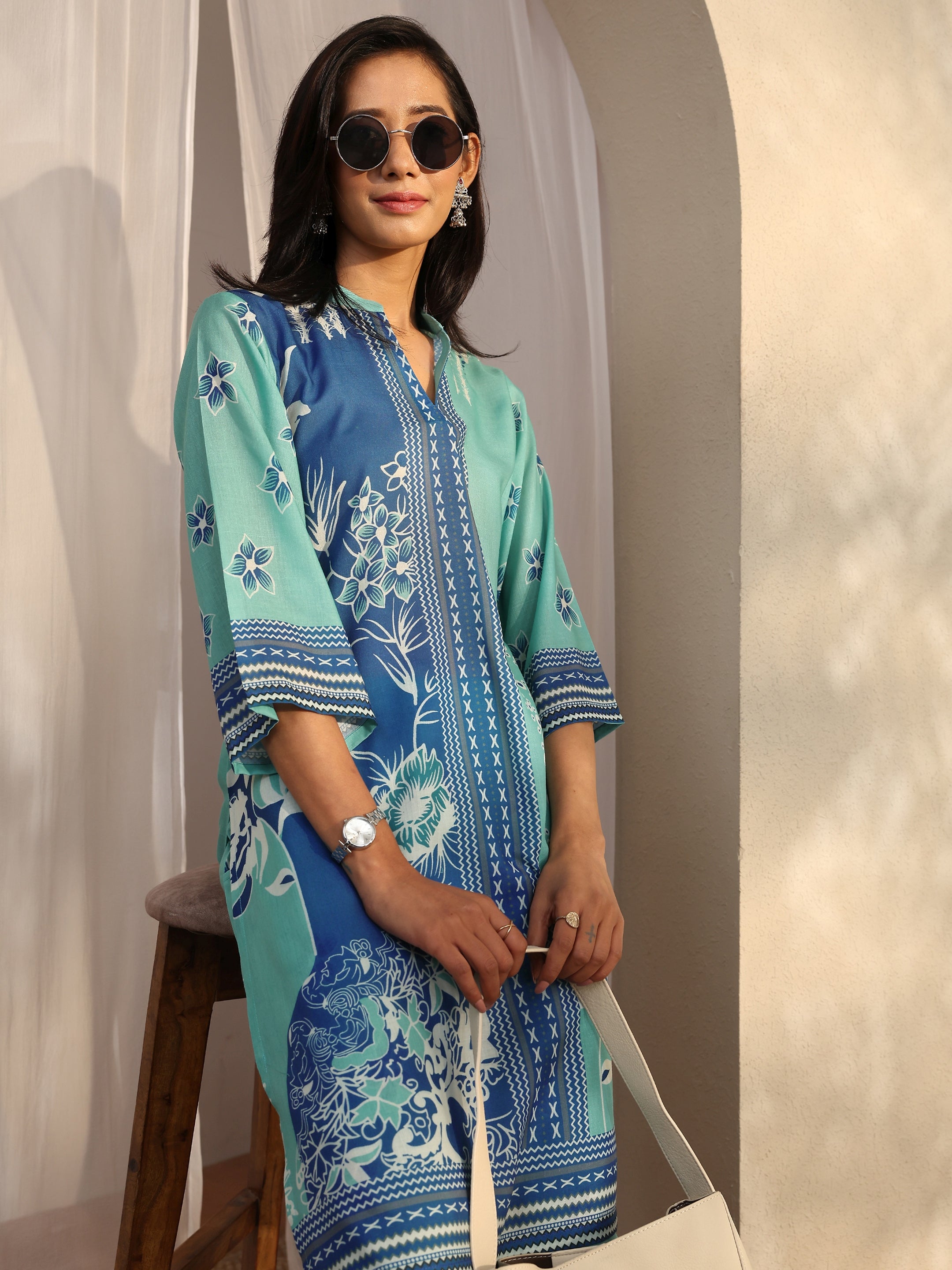 libas Blue Printed Cotton Blend Co-Ord Sets-picture-20