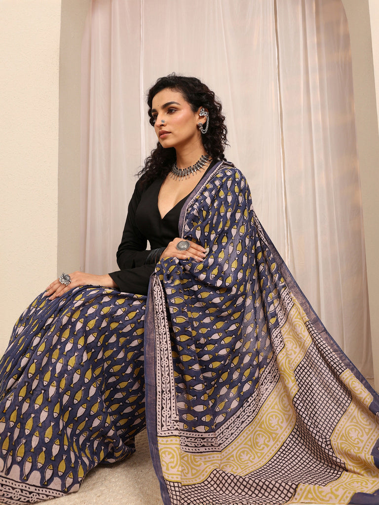 Libas Blue Printed Cotton Blend Saree With Unstitched Blouse Piece