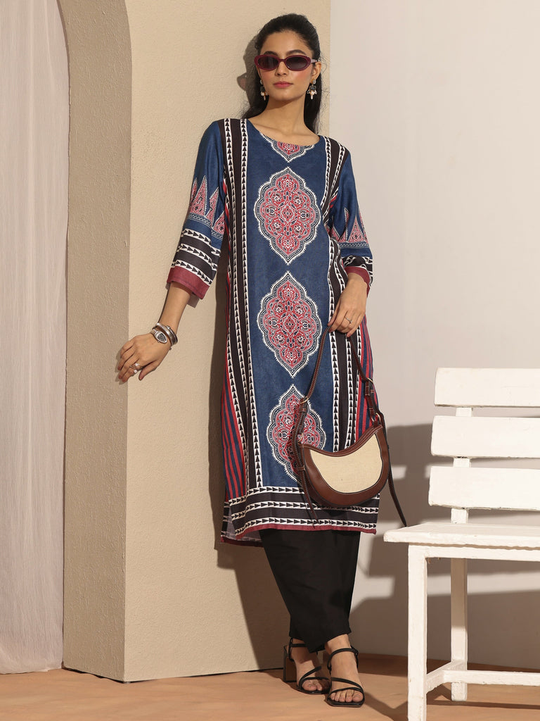 Libas Blue Printed Cotton Blend Straight Kurta