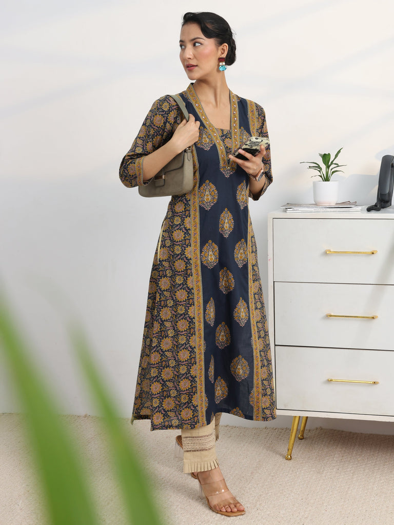 Gerua Blue Printed Cotton Blend Straight Kurta