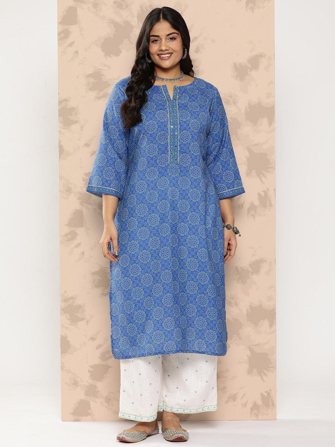 Blue Printed Cotton Blend Straight Kurta With Trousers