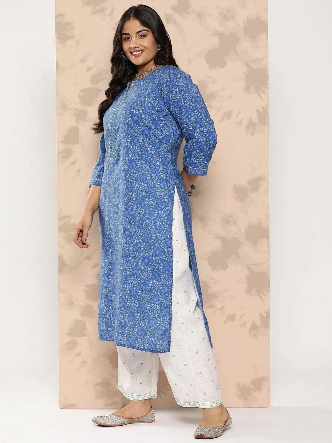 Blue Printed Cotton Blend Straight Kurta With Trousers - Libas 