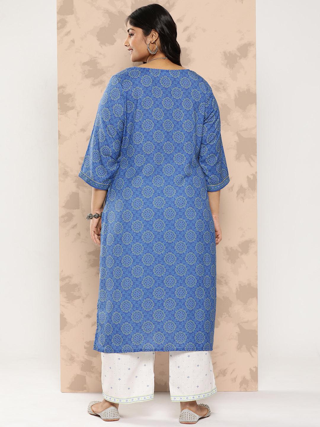Blue Printed Cotton Blend Straight Kurta With Trousers