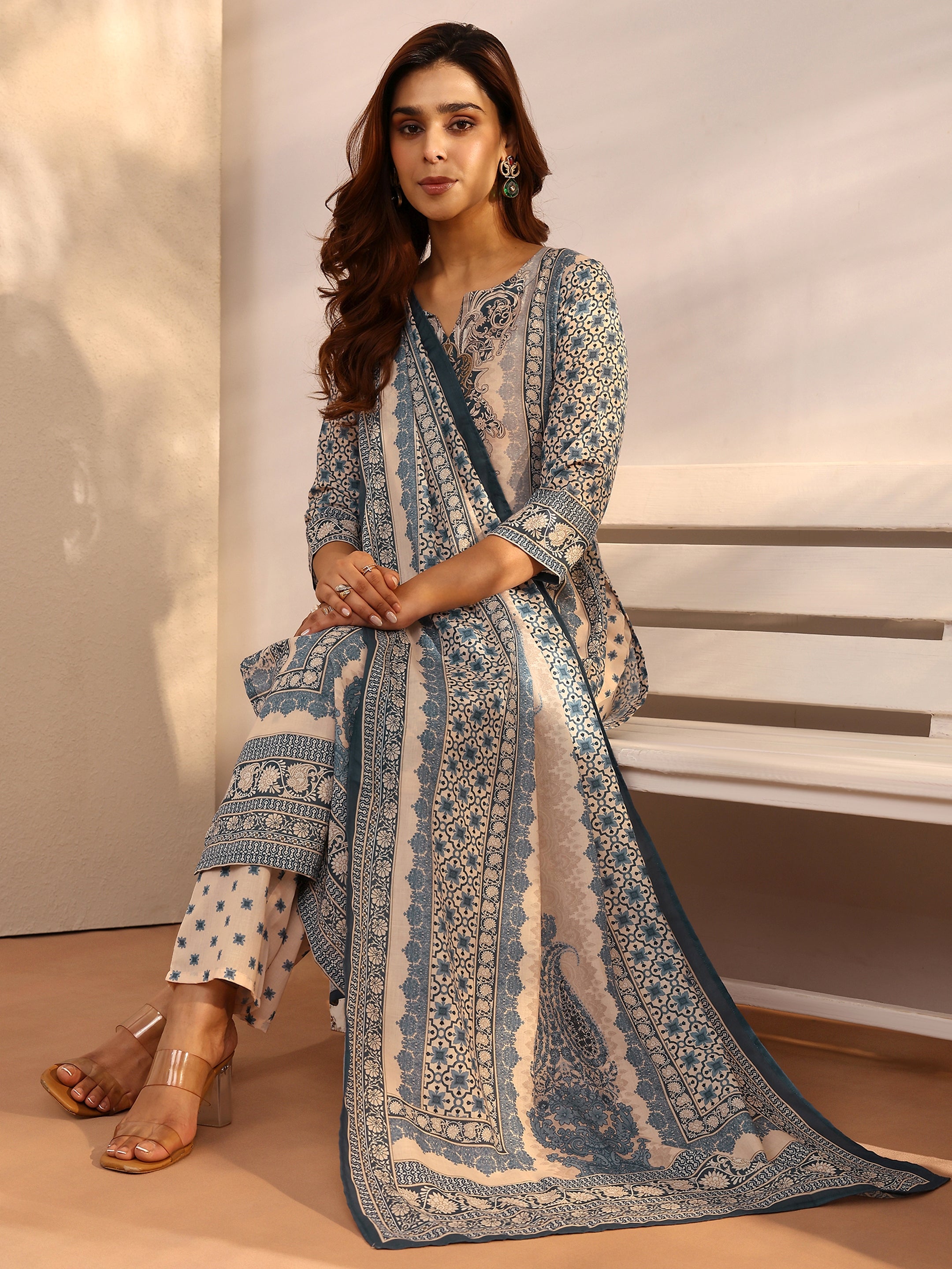 Libas Blue Printed cotton blend Straight Suit Set With Dupatta-image-24