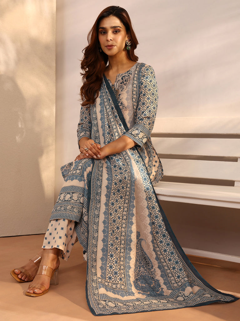 Libas Blue Printed cotton blend Straight Suit Set With Dupatta