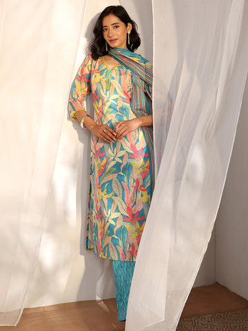 Blue Printed Cotton Blend Straight Suit Set With Dupatta