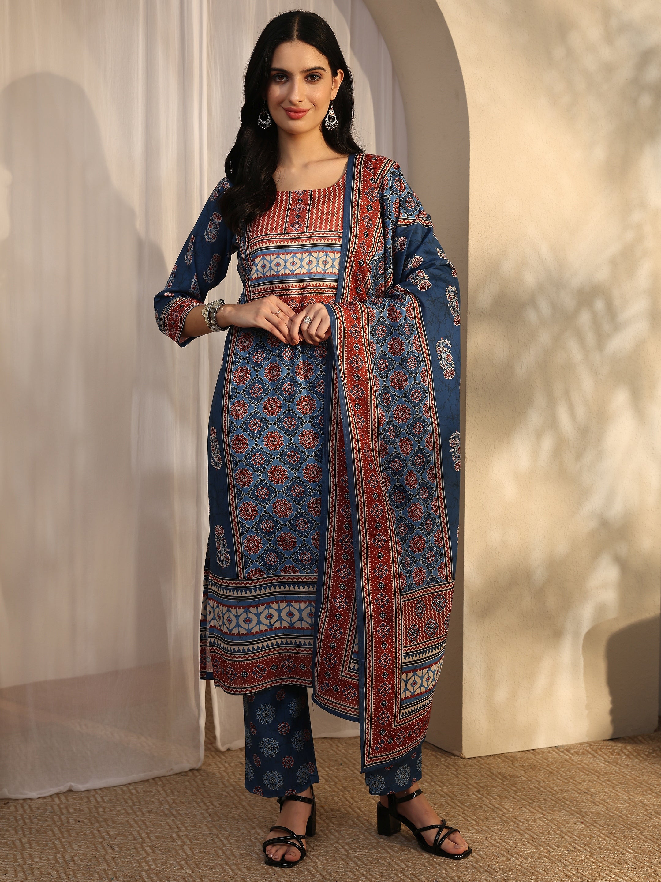 libas Blue Printed Cotton Blend Straight Suit Set With Dupatta-picture-57