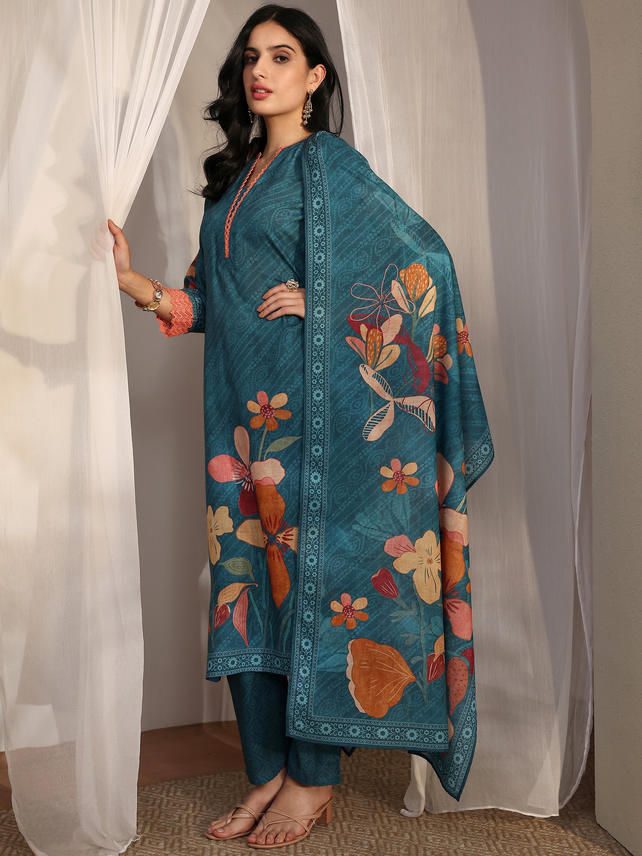 libas Blue Printed Cotton Blend Straight Suit Set With Dupatta-picture-56