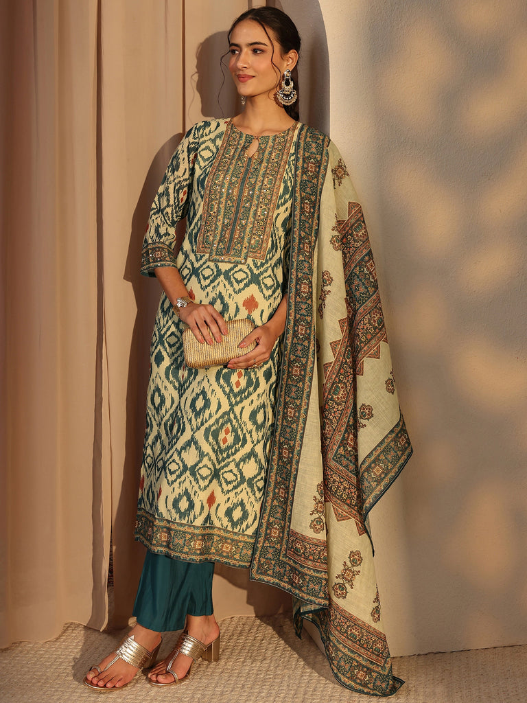 Libas Blue Printed Cotton Blend Straight Suit Set With Dupatta