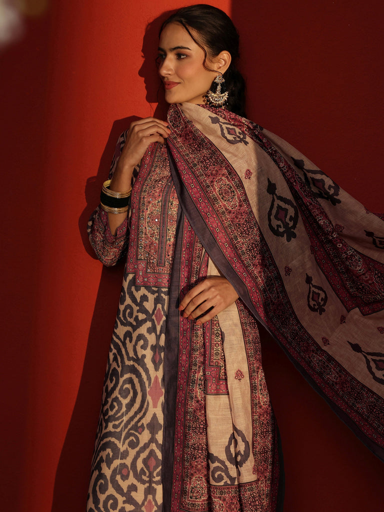 Libas Blue Printed Cotton Blend Straight Suit Set With Dupatta
