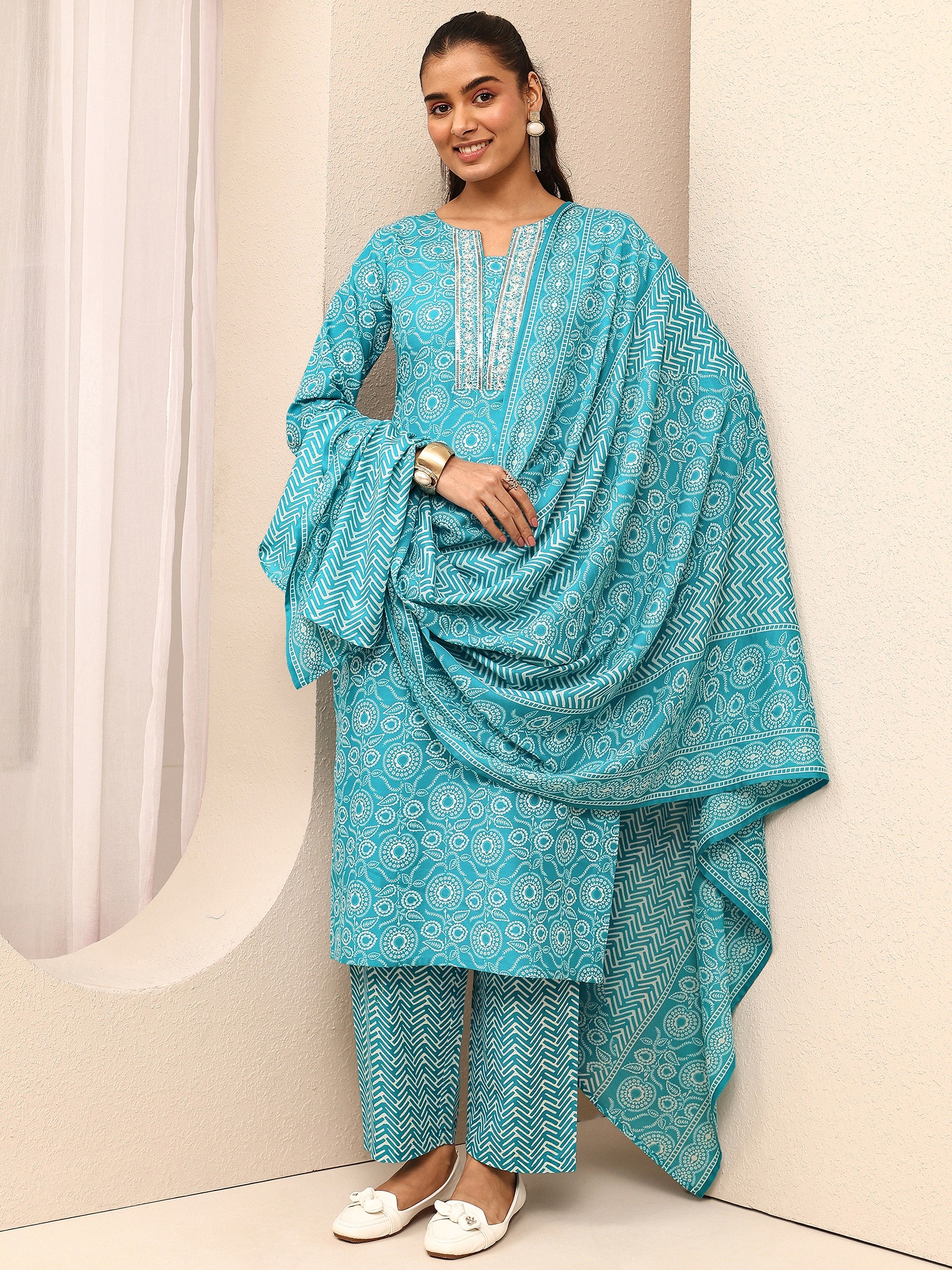 libas Blue Printed Cotton Blend Straight Suit Set With Dupatta-picture-23