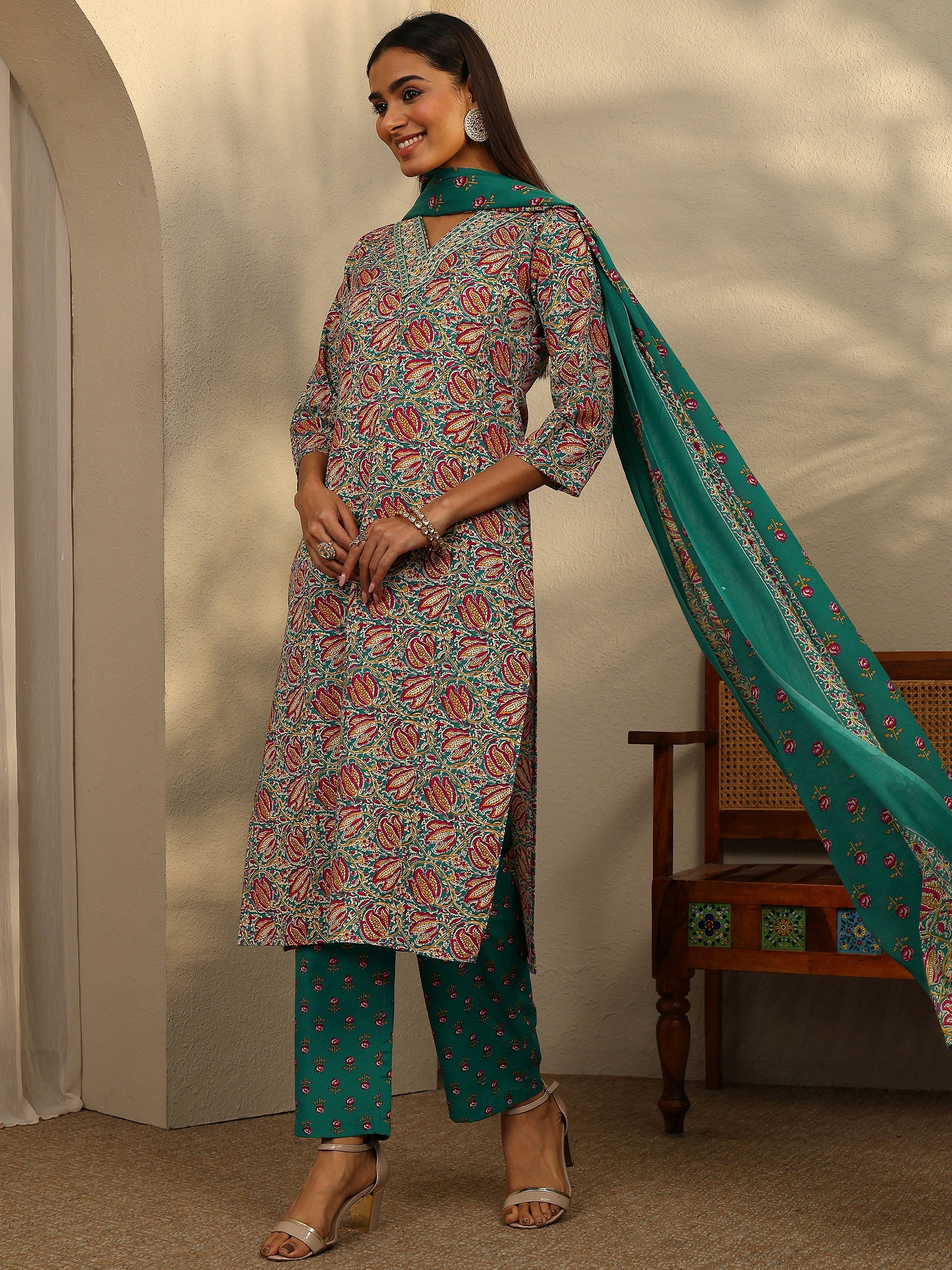 libas Gerua Blue Printed Cotton Blend Straight Suit Set With Dupatta-picture-29
