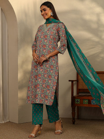 Blue Printed Cotton Blend Straight Suit Set With Dupatta